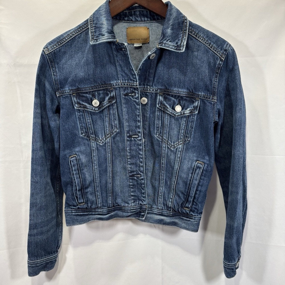 American Eagle Outfitters Womens Denim Jacket Size XS‎ Blue Cotton Distressed
